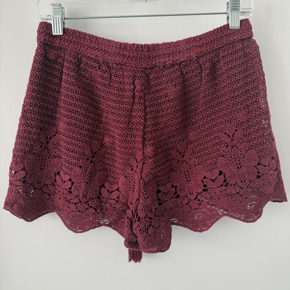 Abercrombie & Fitch Crochet Lace Drawstring Shorts Maroon Boho Size Small - Picture 2 of 5